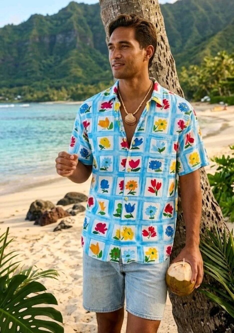 Vintage Jams World Shirt Mens small Blue Floral Hawaiian Tropical Button Up USA